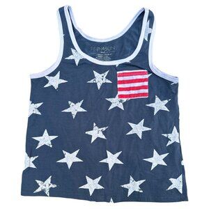 Fifth & Sun Navy Blue Star Print Tank Top With Striped Pocket Small Polyester Ra